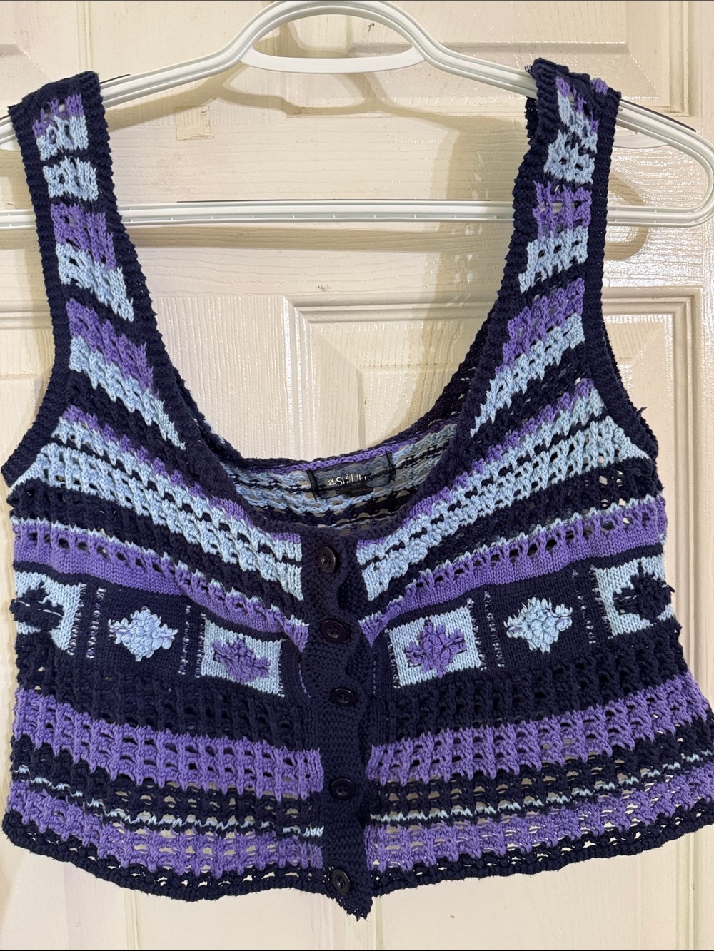 4SI3NNA Crocheted Knit Vest in Navy, Lavender, Light Blue Sz Large